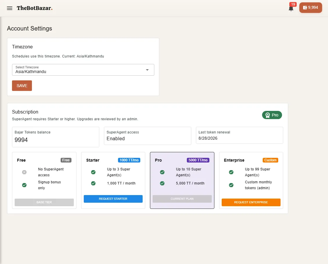 Account settings and plans