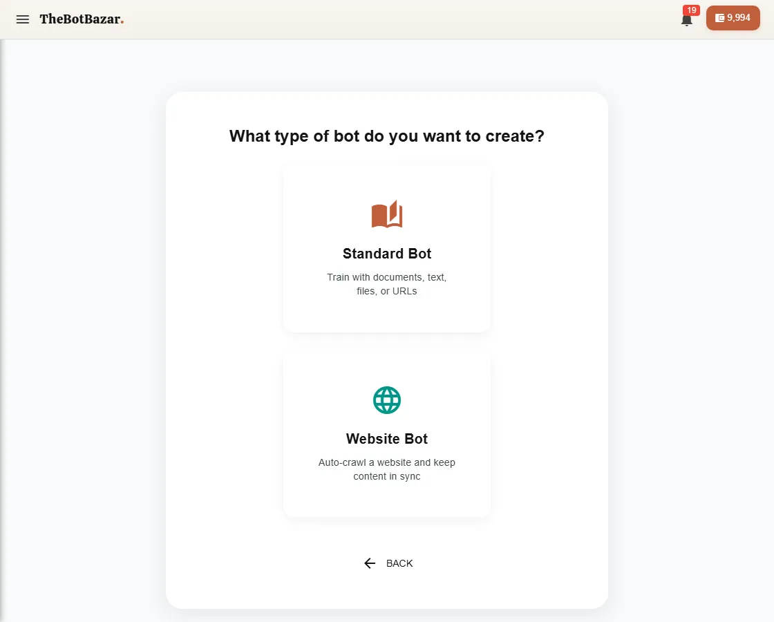Choose Standard Bot or Website Bot