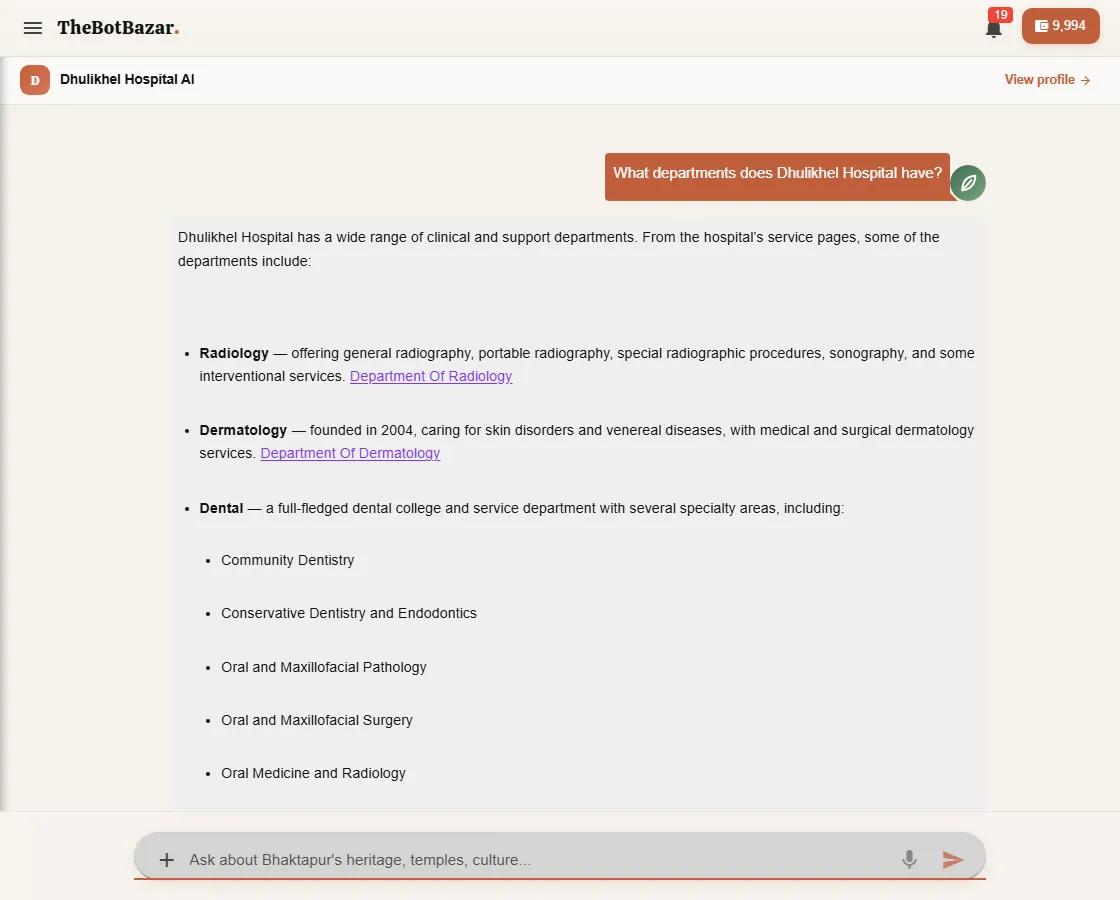 The bot answers from its knowledge, with links to the source pages