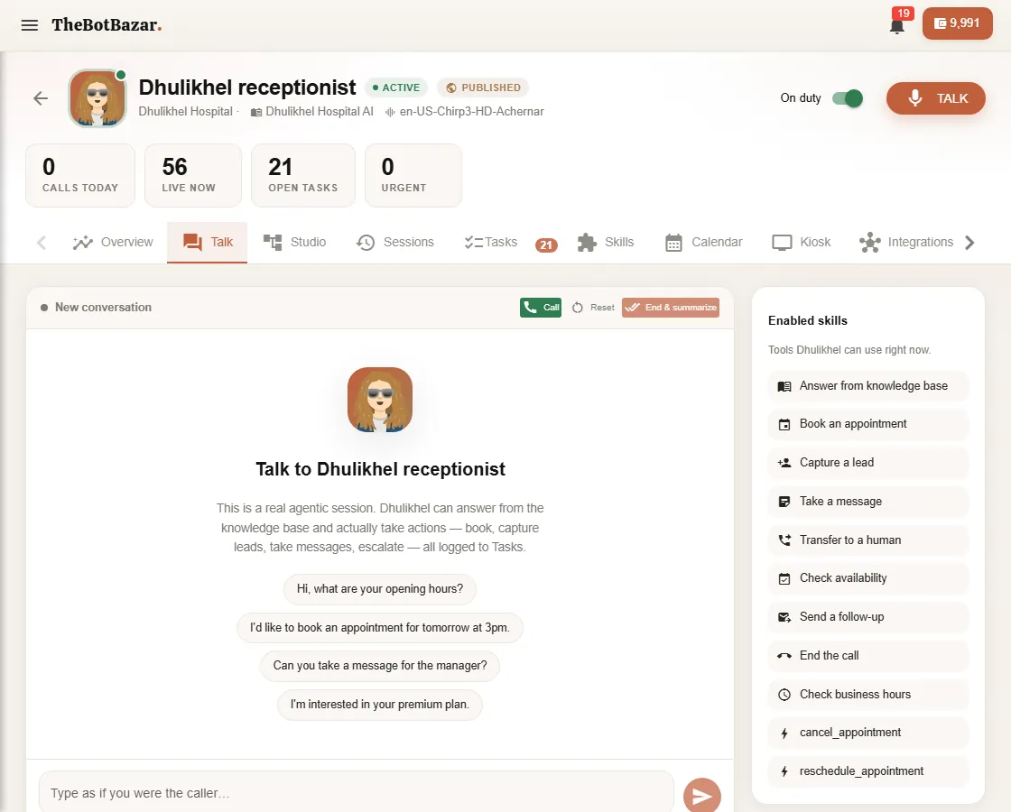 Testing a receptionist in the Talk tab